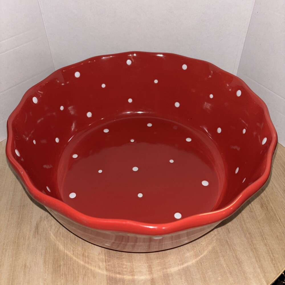 Large Serving Bowl Temptations Ovenware Red Scalloped White Polka Dots